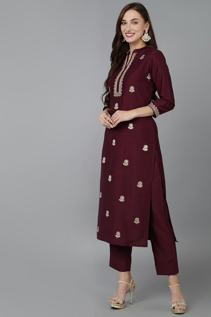 Magenta Silk Blend Solid Straight Kurta Trousers With Dupatta  | SHOBITAM