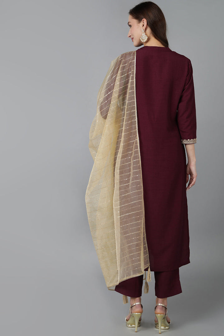 Magenta Silk Blend Solid Straight Kurta Trousers With Dupatta  | SHOBITAM
