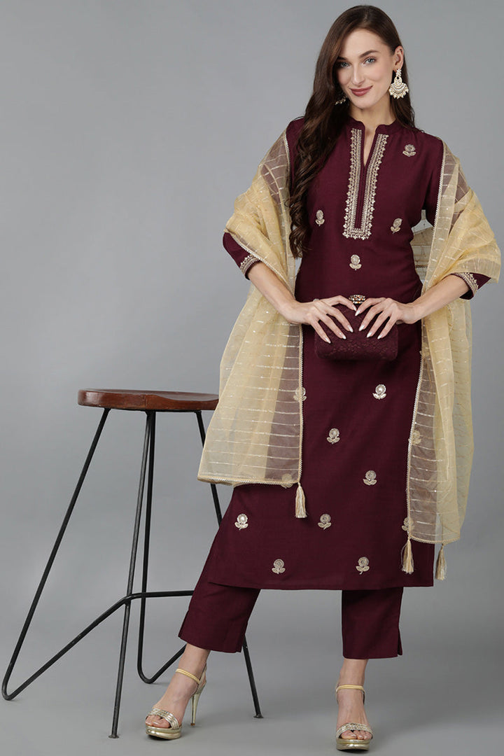 Magenta Silk Blend Solid Straight Kurta Trousers With Dupatta  | SHOBITAM