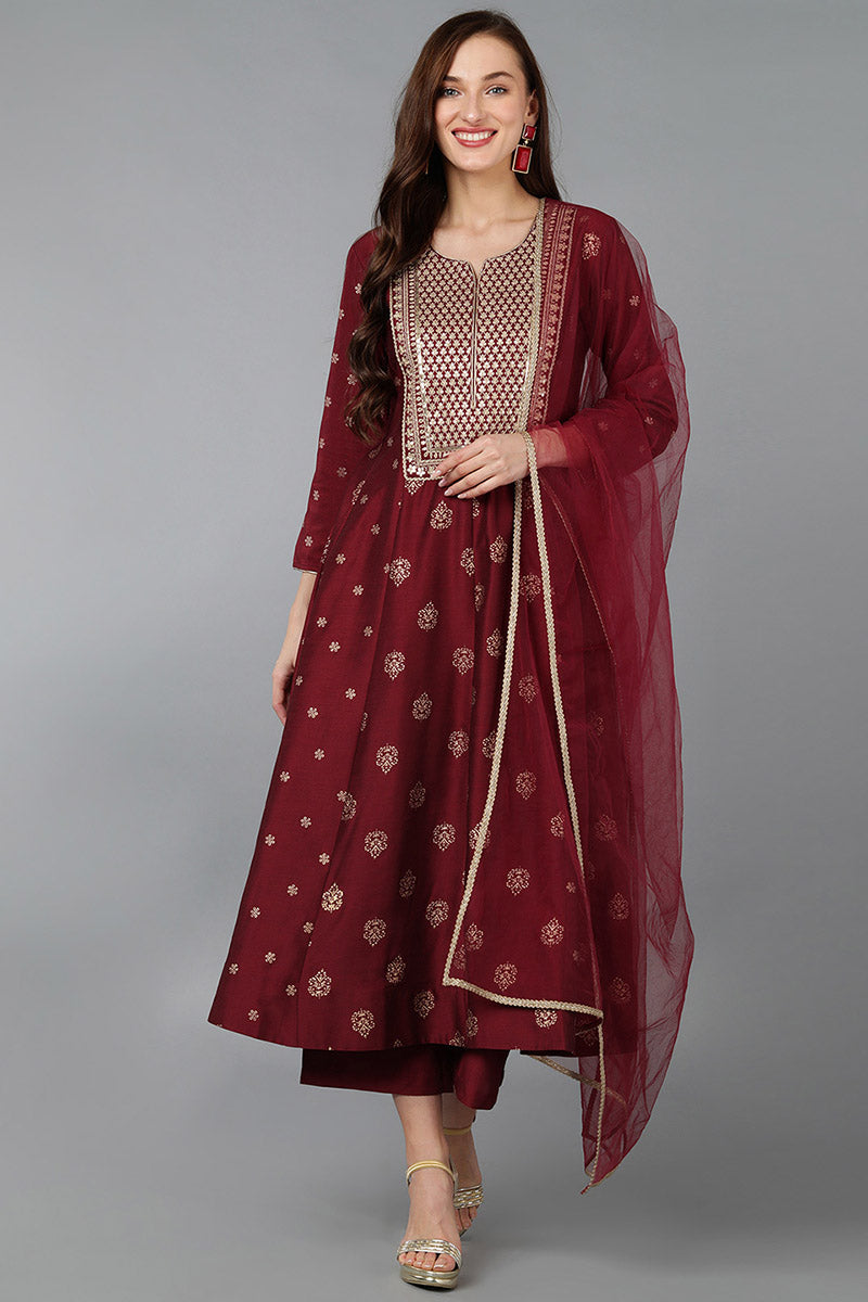 Maroon Silk Blend Woven Design Anarkali Suit Set  | SHOBITAM