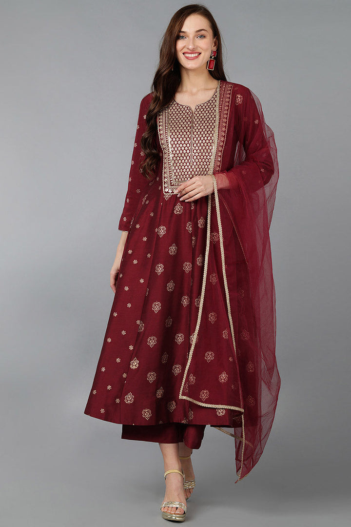 Maroon Silk Blend Woven Design Anarkali Suit Set  | SHOBITAM
