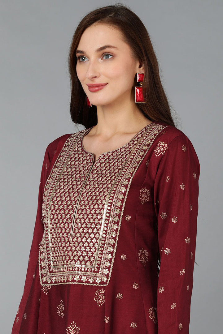 Maroon Silk Blend Woven Design Anarkali Suit Set  | SHOBITAM