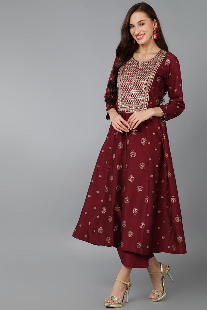 Maroon Silk Blend Woven Design Anarkali Suit Set  | SHOBITAM