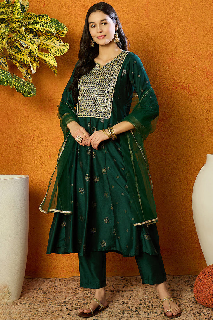 Green Silk Blend Woven Design Anarkali Suit Set  | SHOBITAM