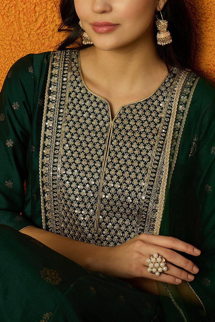 Green Silk Blend Woven Design Anarkali Suit Set  | SHOBITAM