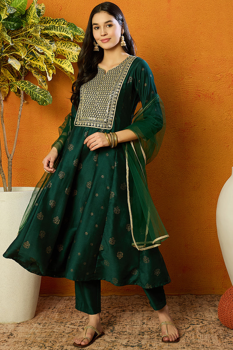 Green Silk Blend Woven Design Anarkali Suit Set  | SHOBITAM