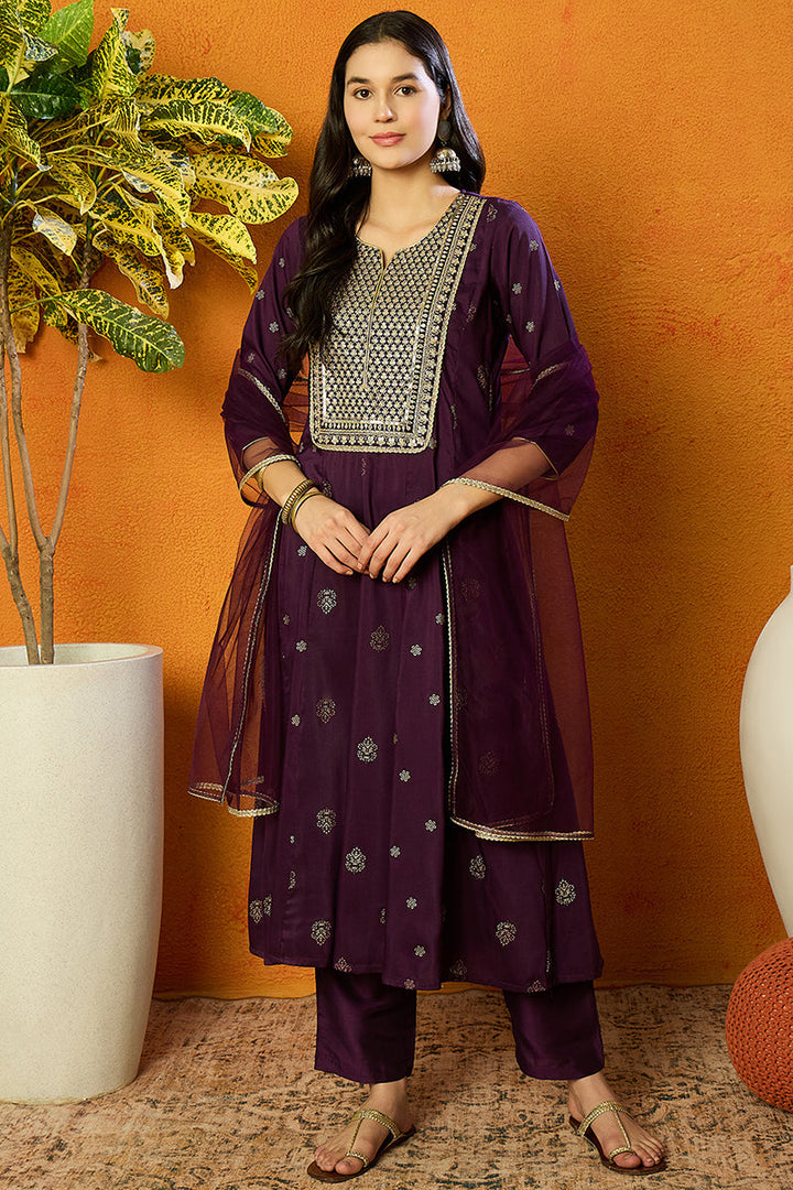 Purple Silk Blend Woven Design Anarkali Suit Set  | SHOBITAM