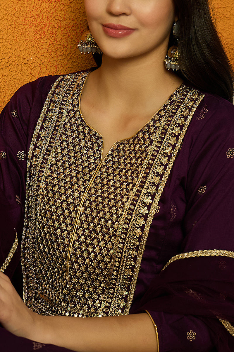 Purple Silk Blend Woven Design Anarkali Suit Set  | SHOBITAM