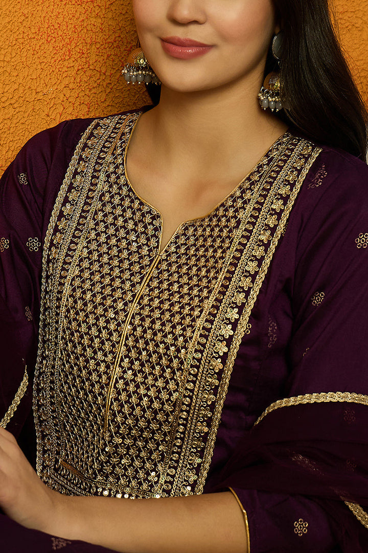 Purple Silk Blend Woven Design Anarkali Suit Set  | SHOBITAM