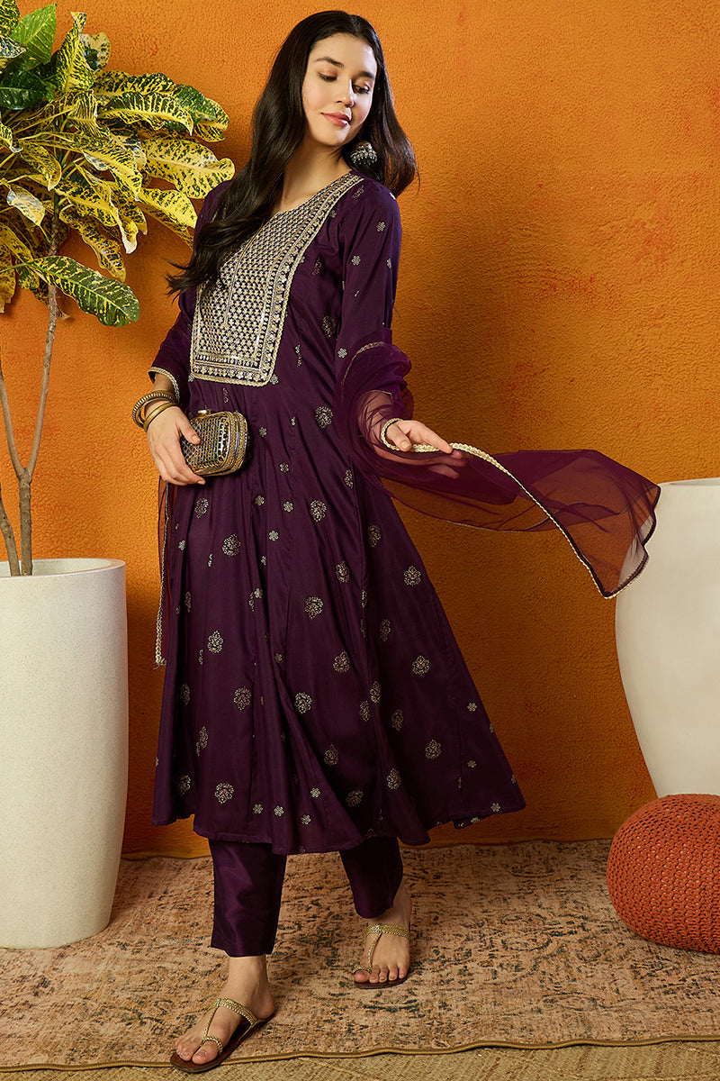Purple Silk Blend Woven Design Anarkali Suit Set  | SHOBITAM