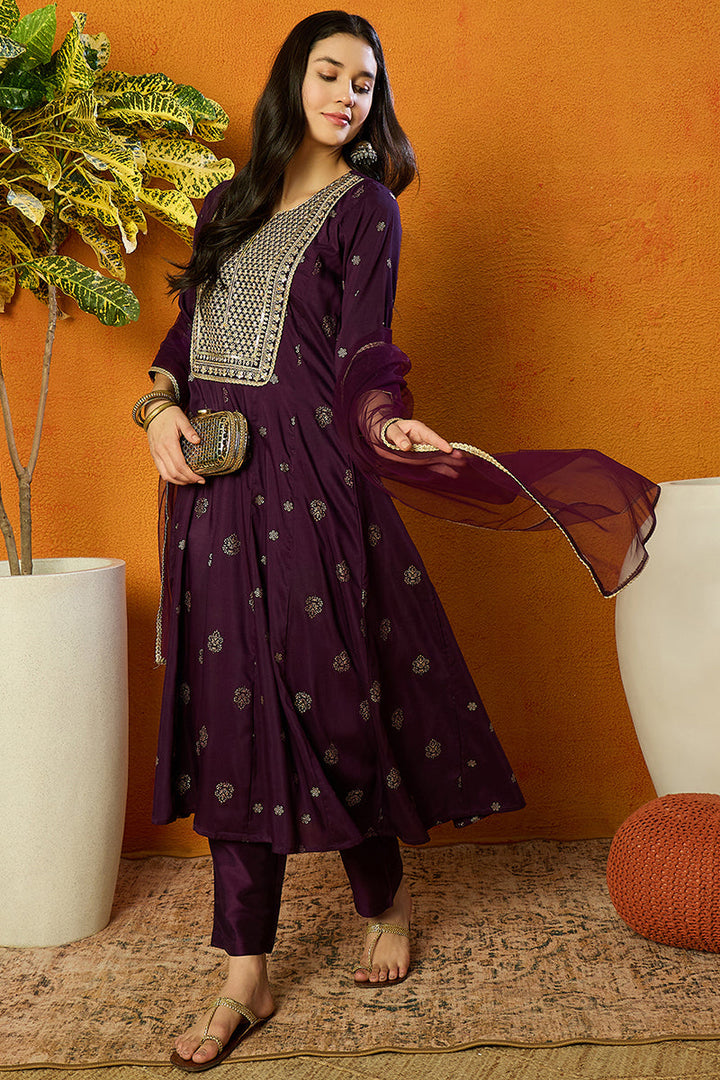 Purple Silk Blend Woven Design Anarkali Suit Set  | SHOBITAM