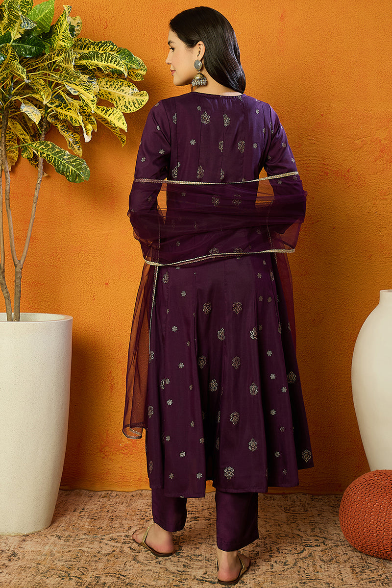 Purple Silk Blend Woven Design Anarkali Suit Set  | SHOBITAM