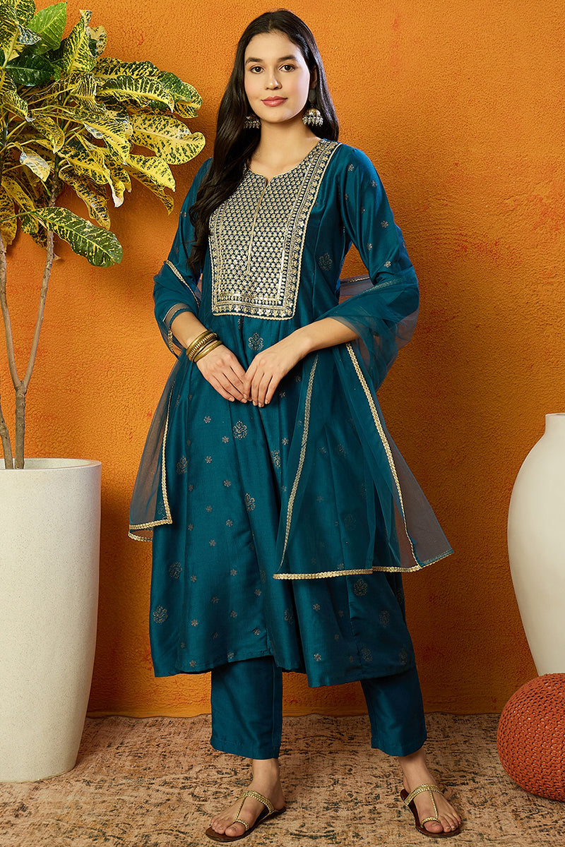 Teal Silk Blend Woven Design Anarkali Suit Set  | SHOBITAM