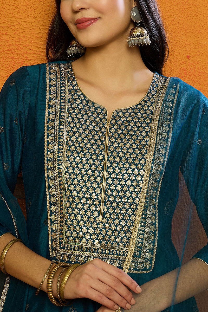 Teal Silk Blend Woven Design Anarkali Suit Set  | SHOBITAM