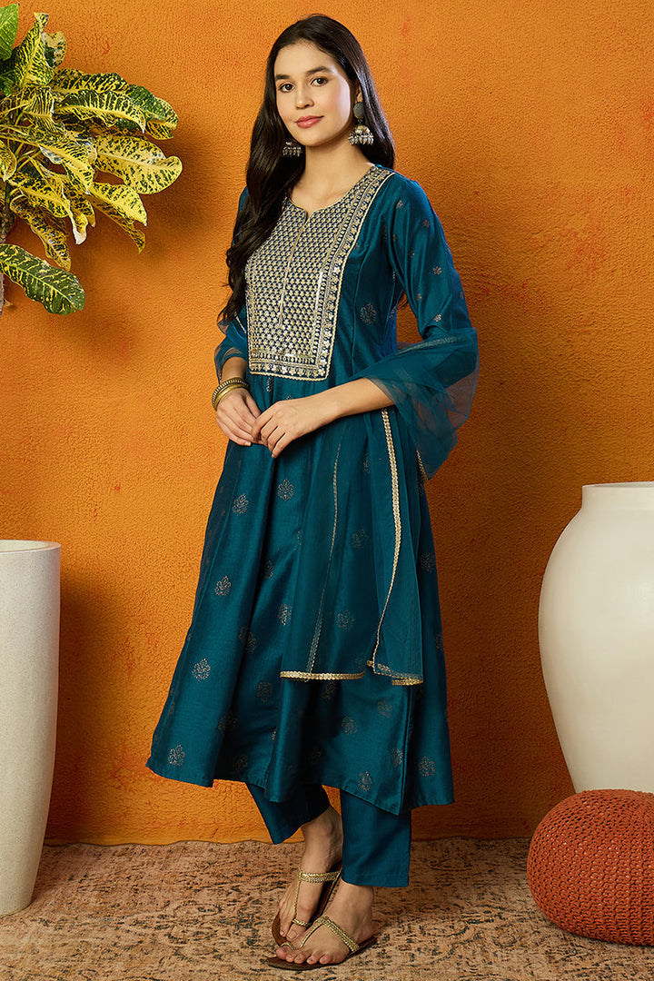 Teal Silk Blend Woven Design Anarkali Suit Set  | SHOBITAM