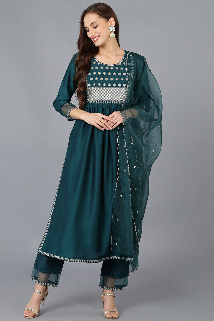 Teal Silk Blend Solid A-Line Kurta Trousers With Dupatta  | SHOBITAM