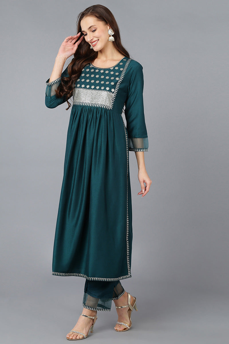 Teal Silk Blend Solid A-Line Kurta Trousers With Dupatta  | SHOBITAM