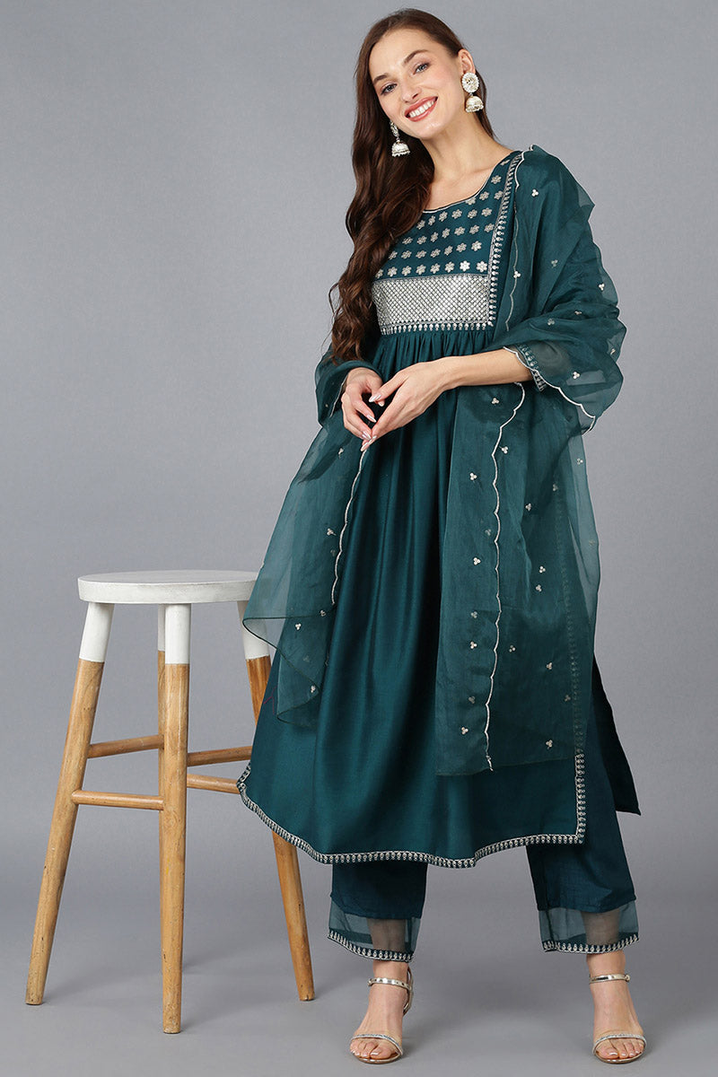 Teal Silk Blend Solid A-Line Kurta Trousers With Dupatta  | SHOBITAM