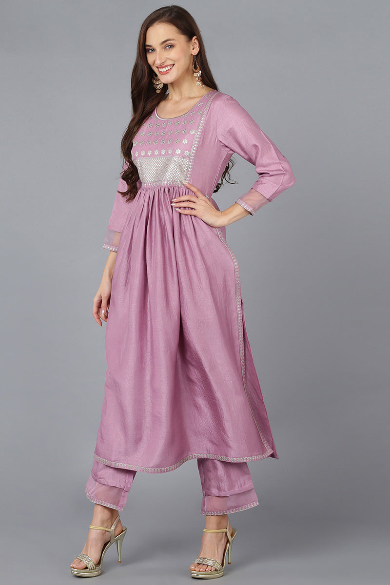 Lavender Silk Blend Solid Straight Kurta Trousers With Dupatta | SHOBITAM