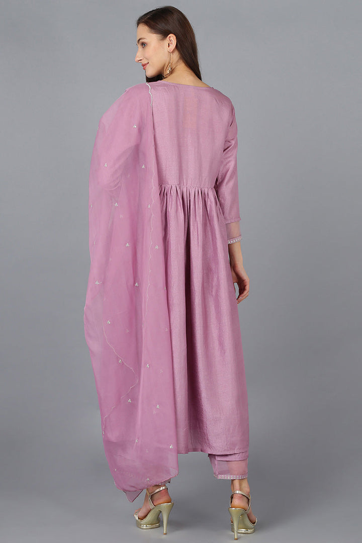 Lavender Silk Blend Solid Straight Kurta Trousers With Dupatta | SHOBITAM