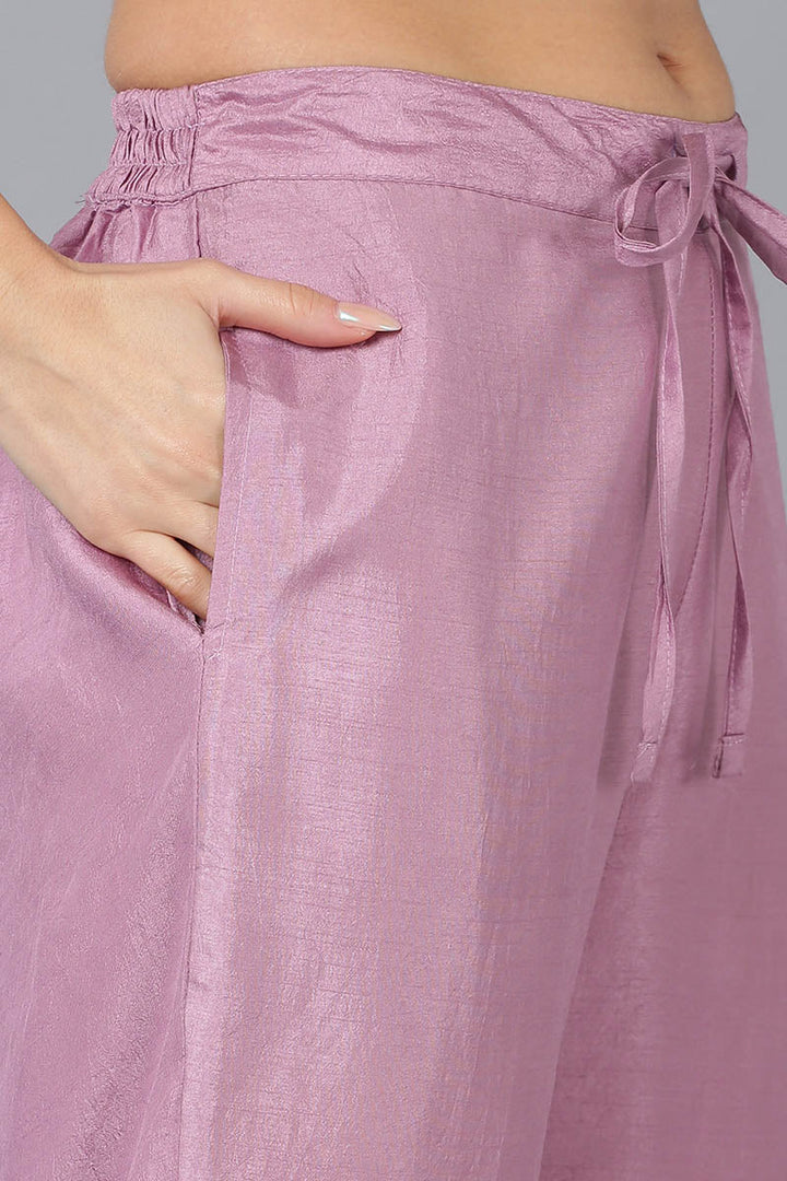 Lavender Silk Blend Solid Straight Kurta Trousers With Dupatta | SHOBITAM