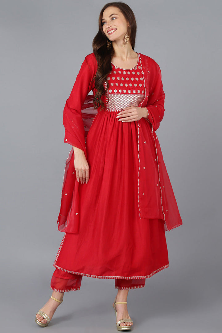 Red Silk Blend Solid Straight Kurta Trousers With Dupatta  | SHOBITAM