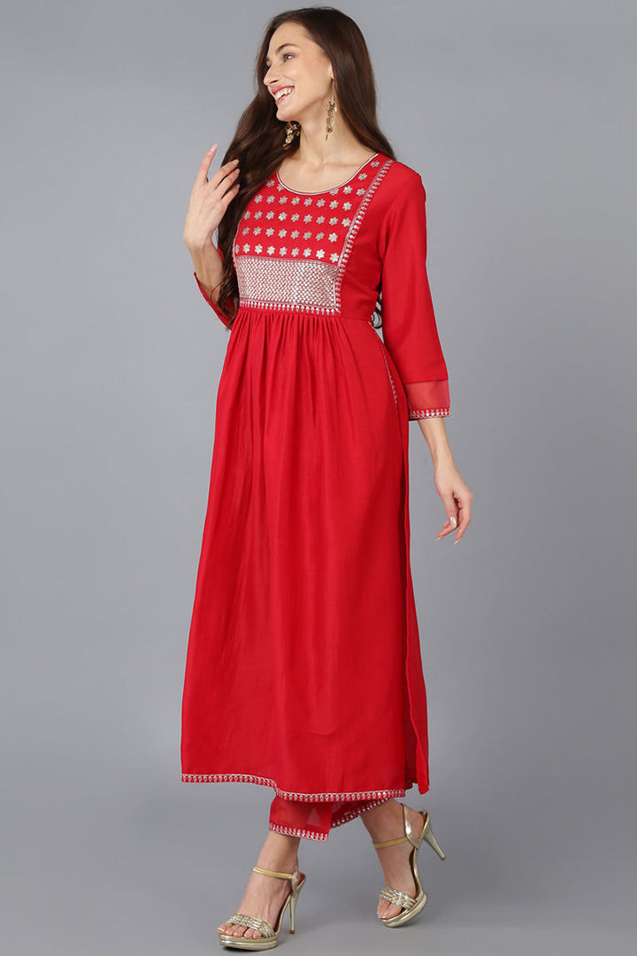 Red Silk Blend Solid Straight Kurta Trousers With Dupatta  | SHOBITAM