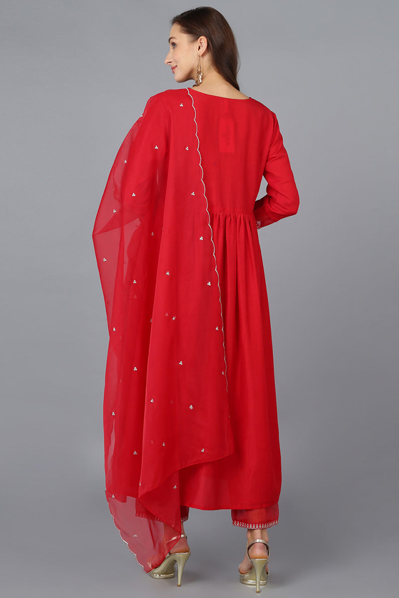Red Silk Blend Solid Straight Kurta Trousers With Dupatta  | SHOBITAM