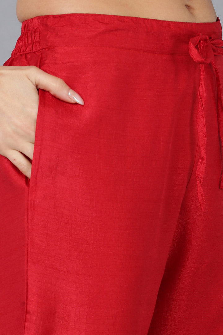 Red Silk Blend Solid Straight Kurta Trousers With Dupatta  | SHOBITAM
