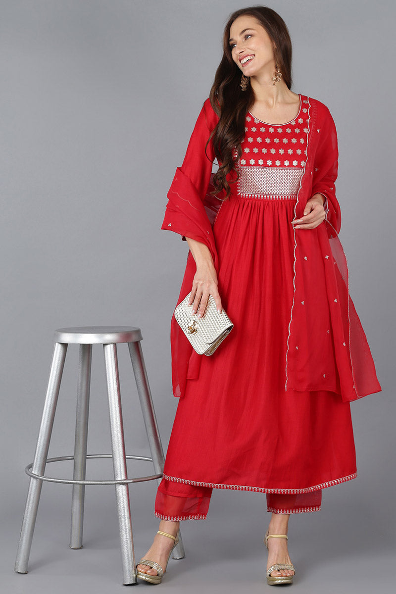 Red Silk Blend Solid Straight Kurta Trousers With Dupatta  | SHOBITAM