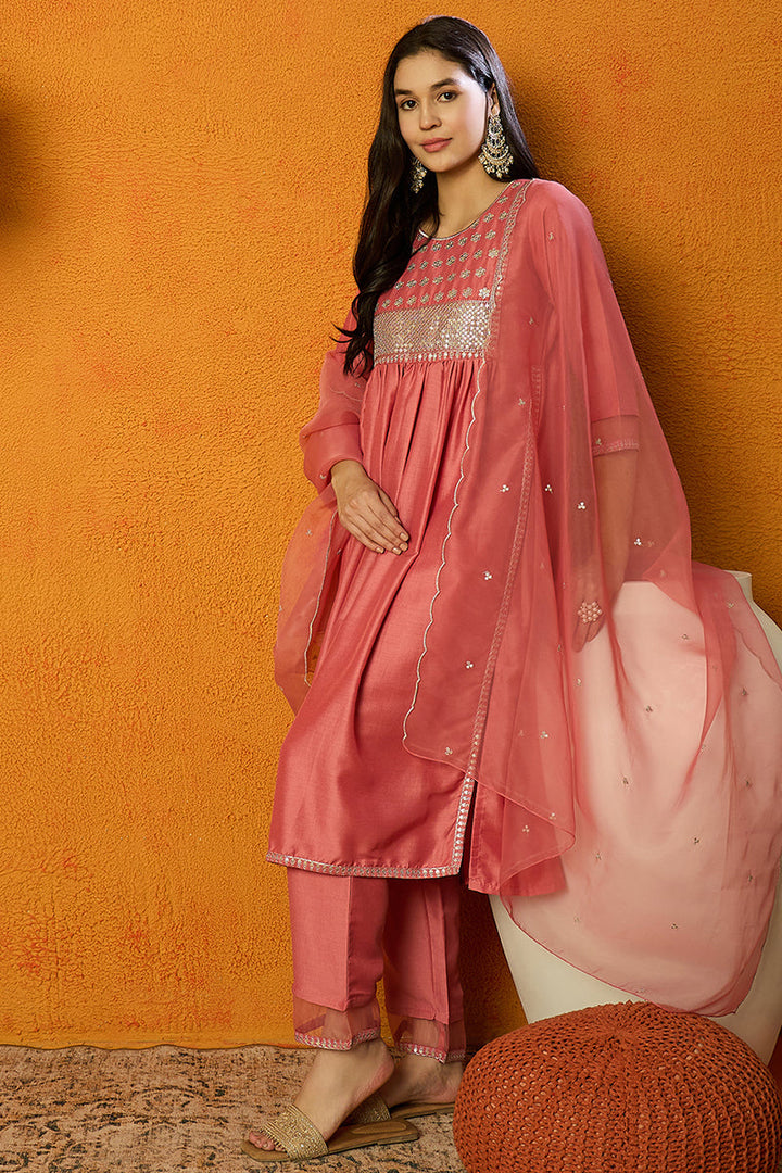 Coral Pink Silk Blend Solid Straight Trouser Suit Set | SHOBITAM