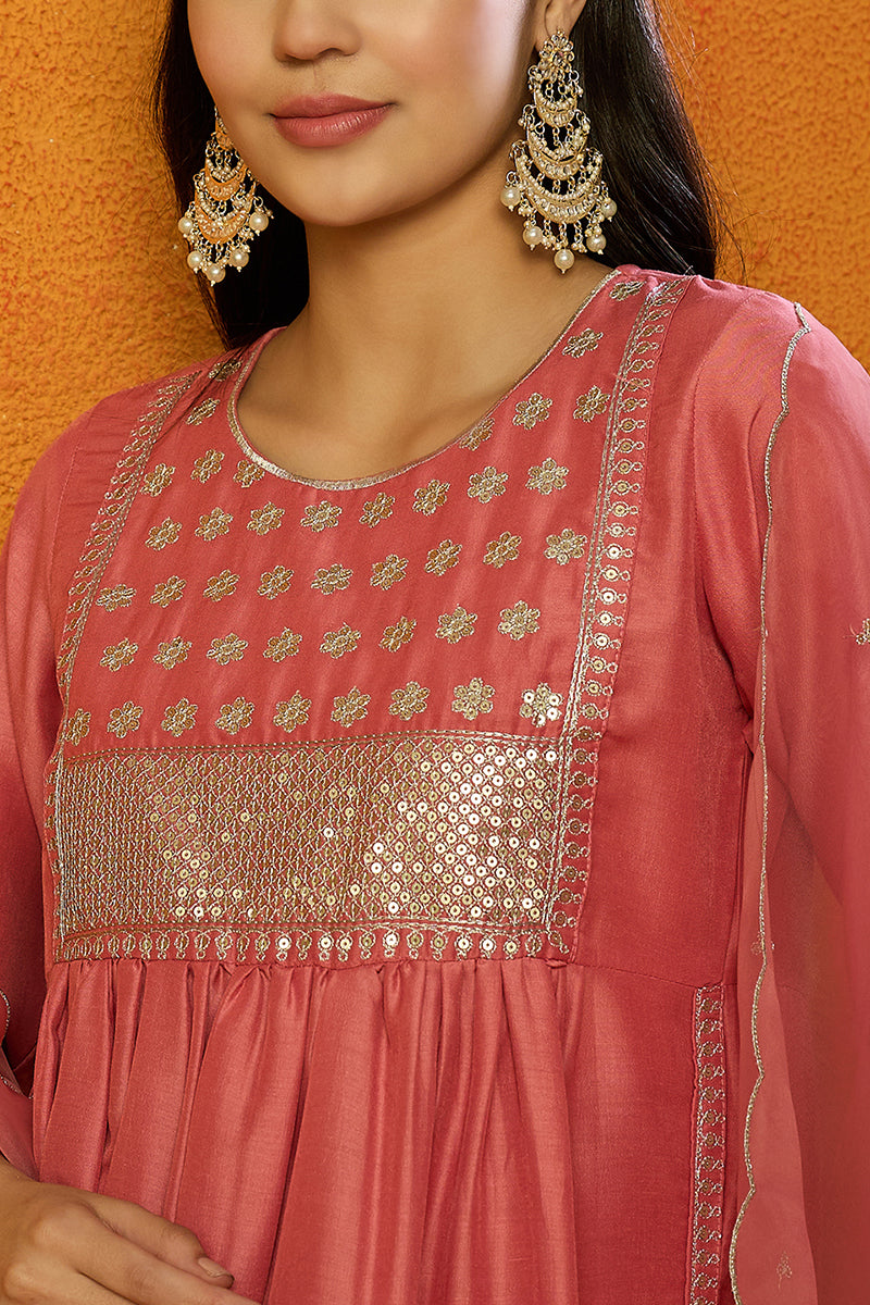 Coral Pink Silk Blend Solid Straight Trouser Suit Set | SHOBITAM