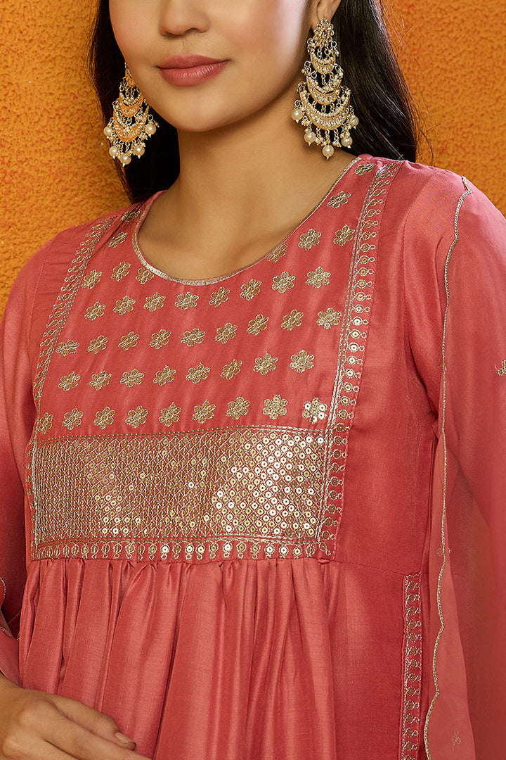 Coral Pink Silk Blend Solid Straight Trouser Suit Set | SHOBITAM