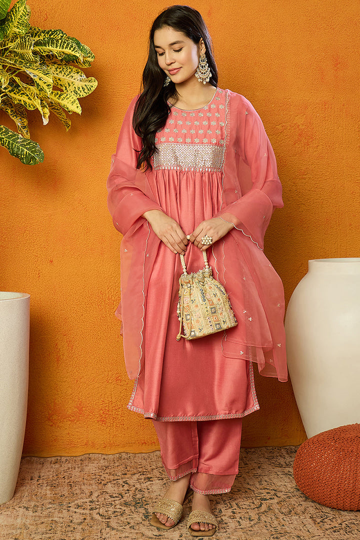 Coral Pink Silk Blend Solid Straight Trouser Suit Set | SHOBITAM