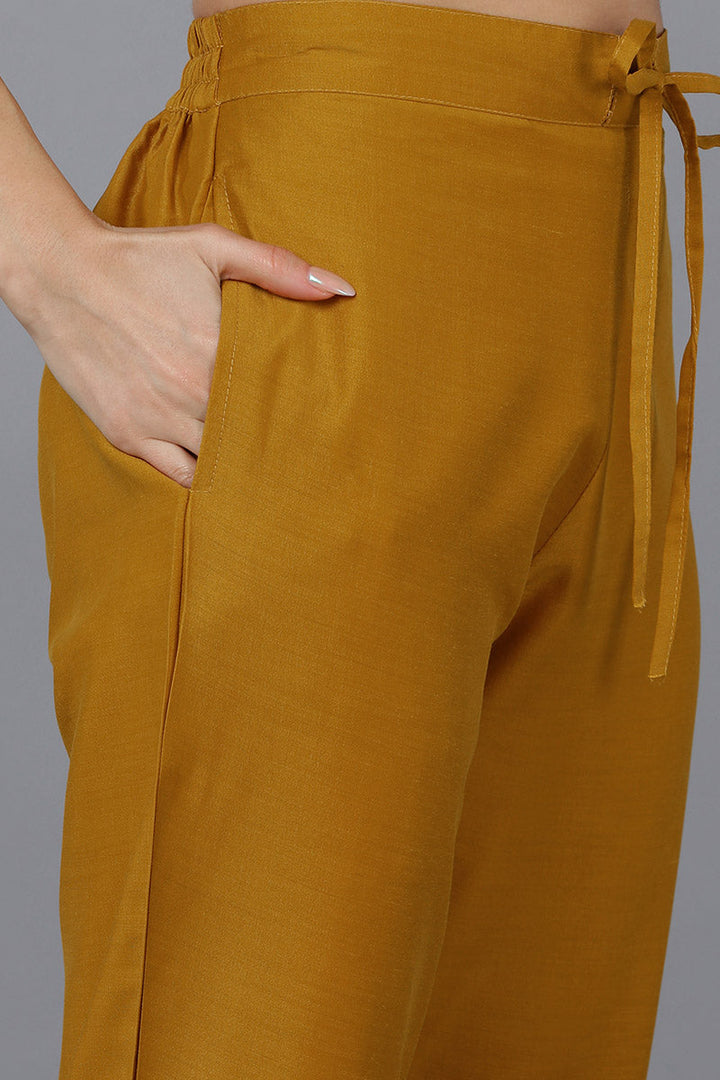 Mustard Silk Blend Solid A-Line Kurta Trousers With Dupatta | SHOBITAM
