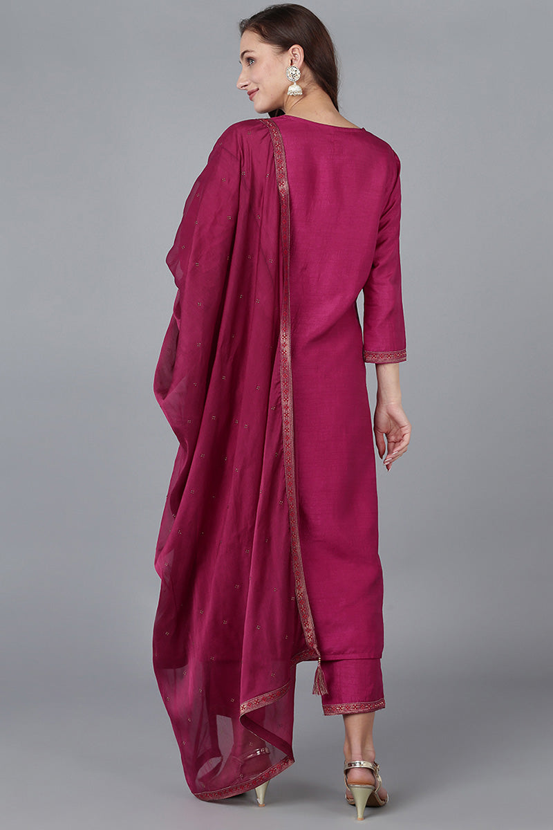 Burgundy Viscose Rayon Solid Straight Kurta Trousers With Dupatta | SHOBITAM