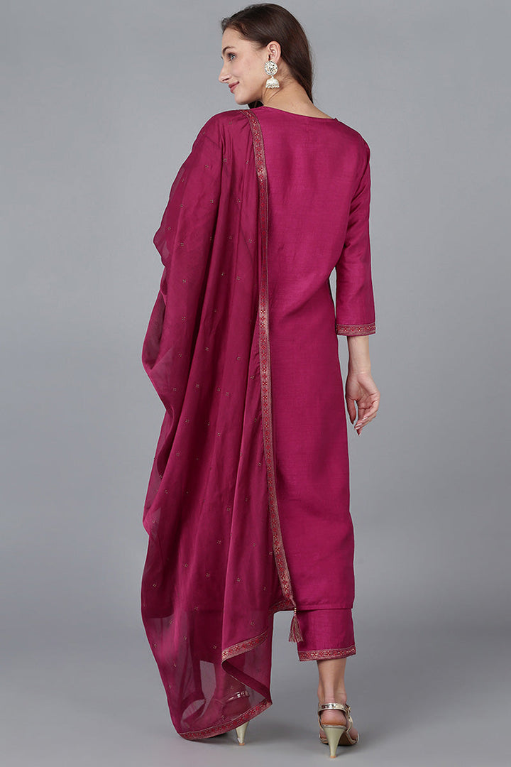 Burgundy Viscose Rayon Solid Straight Kurta Trousers With Dupatta | SHOBITAM