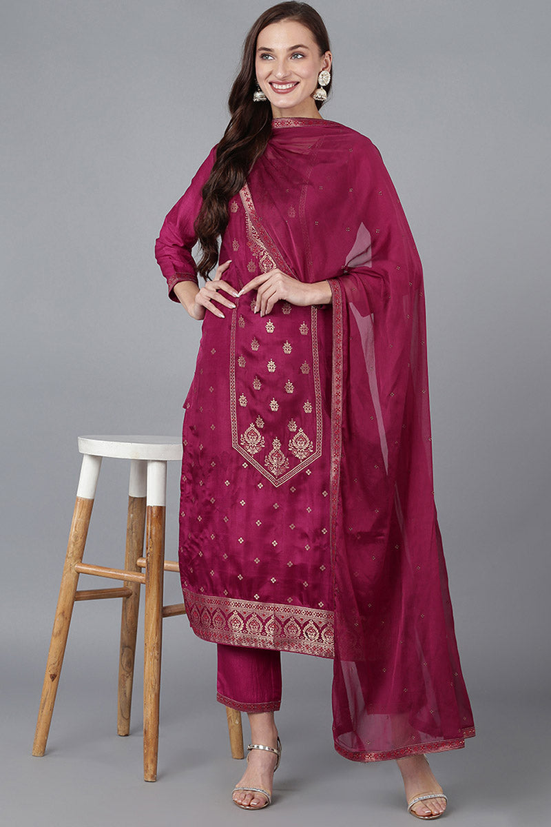 Burgundy Viscose Rayon Solid Straight Kurta Trousers With Dupatta | SHOBITAM
