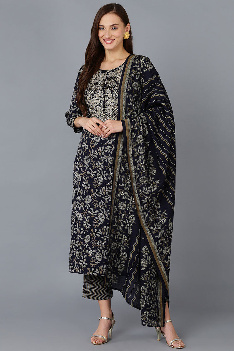 Black Silk Blend Floral Straight Kurta Trousers With Dupatta | SHOBITAM
