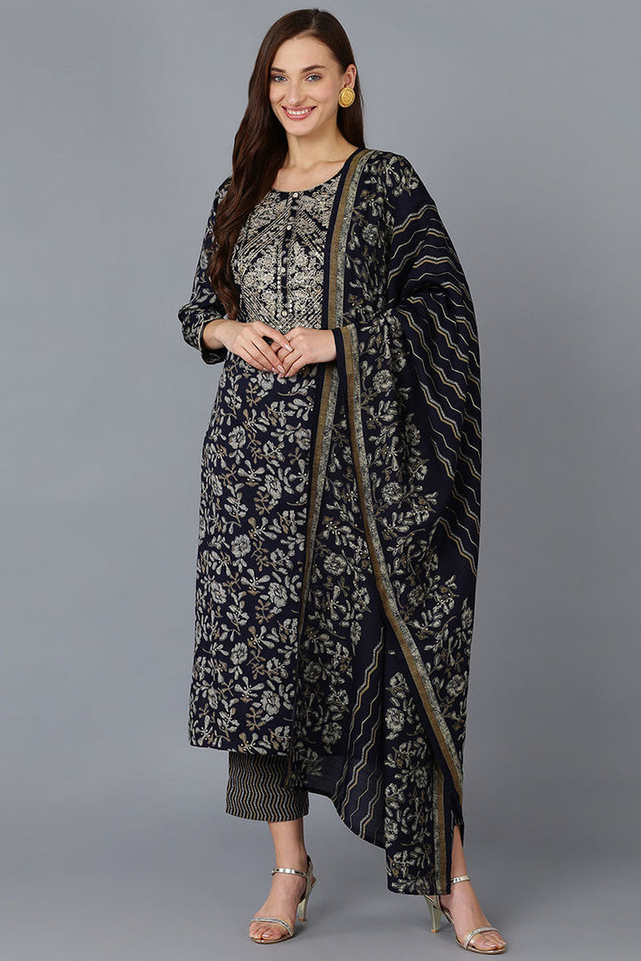 Black Silk Blend Floral Straight Kurta Trousers With Dupatta | SHOBITAM