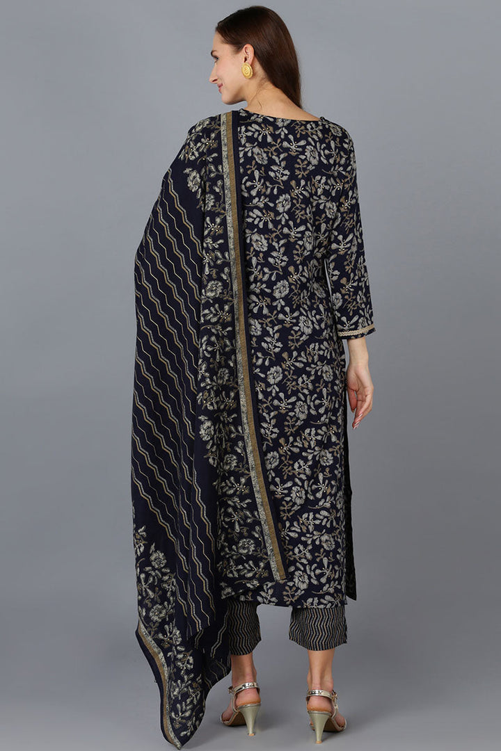 Black Silk Blend Floral Straight Kurta Trousers With Dupatta | SHOBITAM