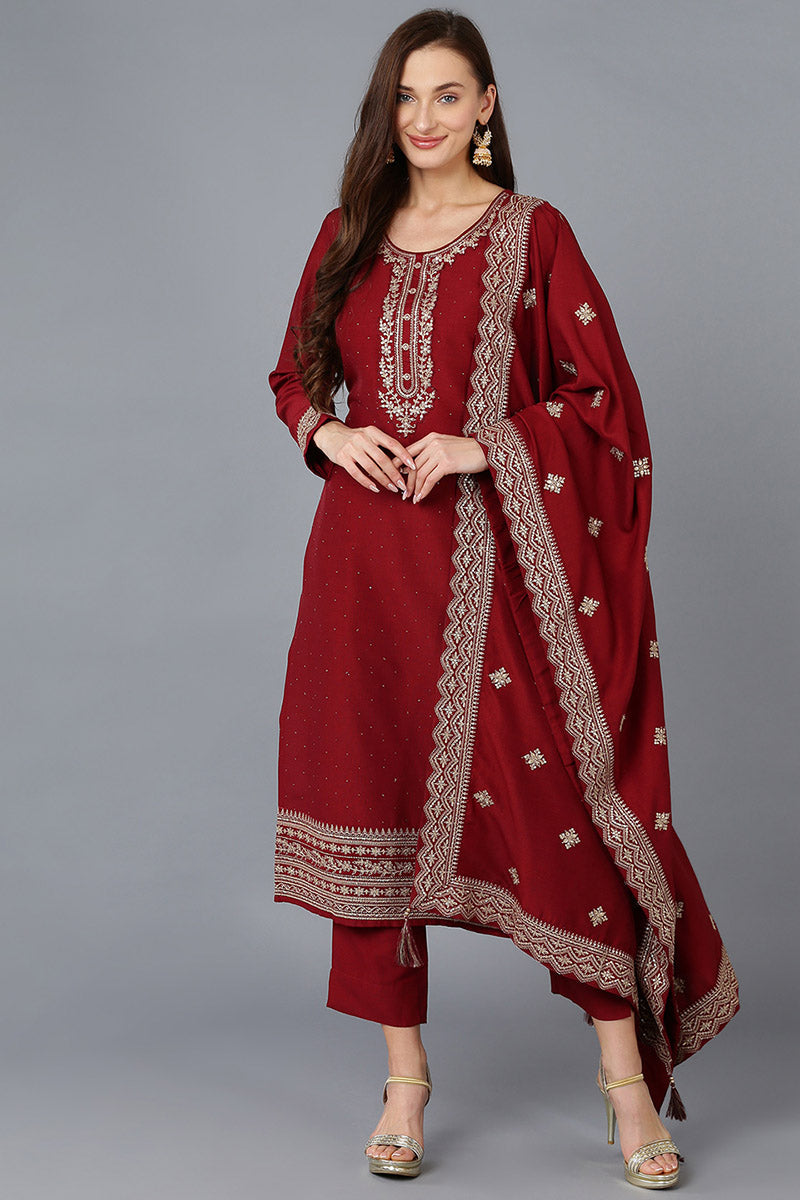 Maroon Silk Blend Solid Straight Kurta Trousers With Dupatta | SHOBITAM