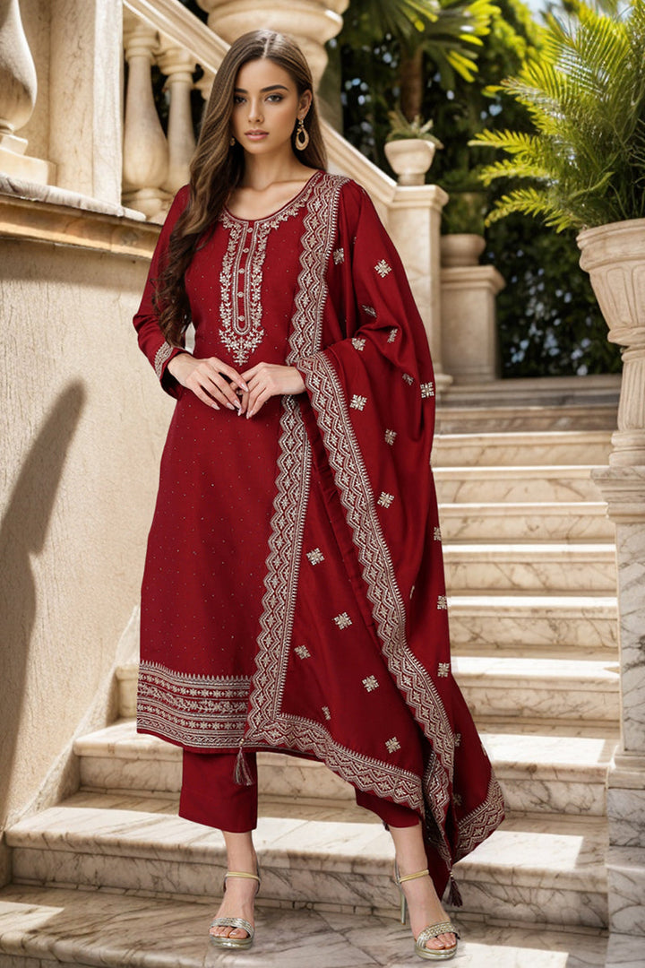 Maroon Silk Blend Solid Straight Kurta Trousers With Dupatta | SHOBITAM