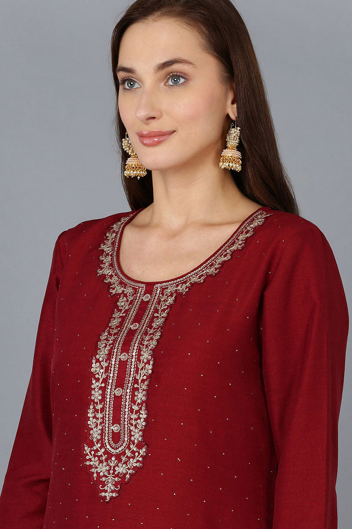 Maroon Silk Blend Solid Straight Kurta Trousers With Dupatta | SHOBITAM