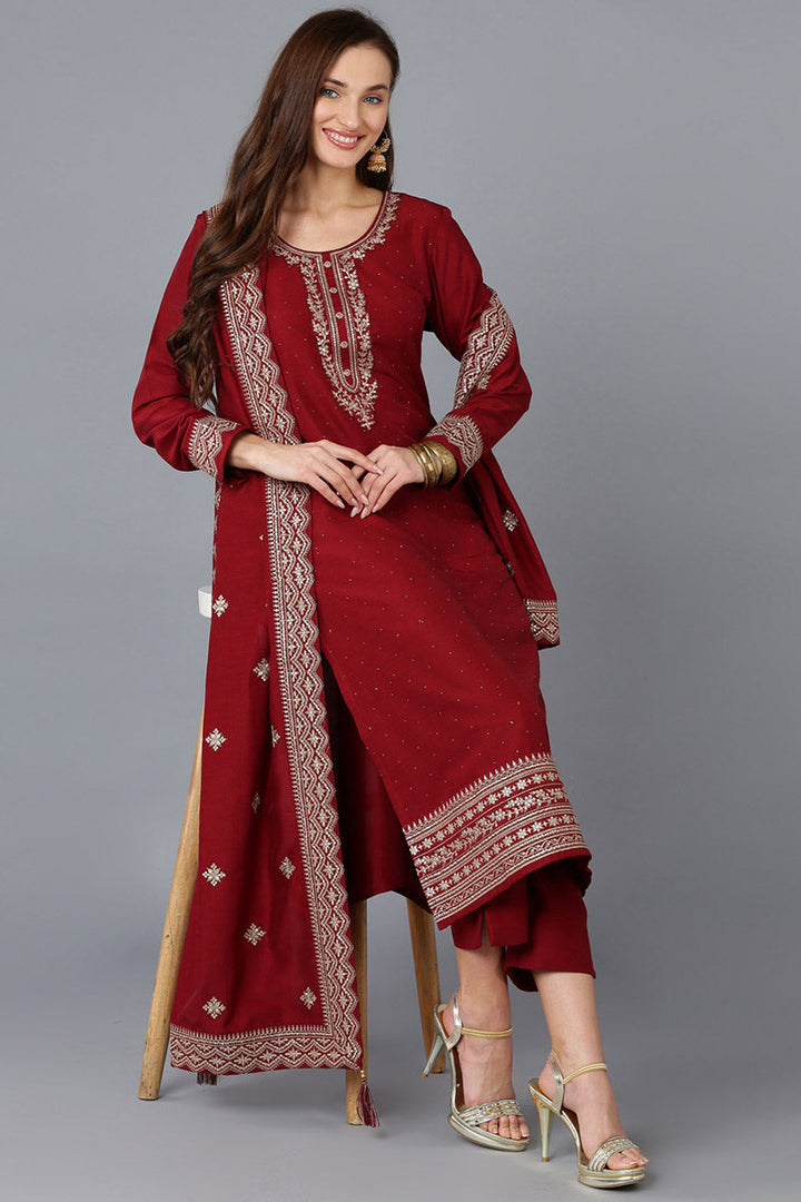 Maroon Silk Blend Solid Straight Kurta Trousers With Dupatta | SHOBITAM