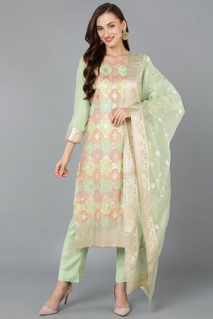 Poly Chanderi Straight Kurta Pant With Dupatta | SHOBITAM