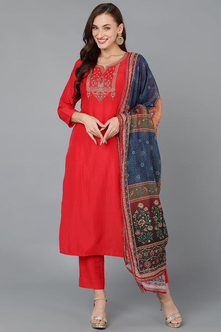 Silk Blend Red Embroidered Straight Kurta Pant With Dupatta | SHOBITAM