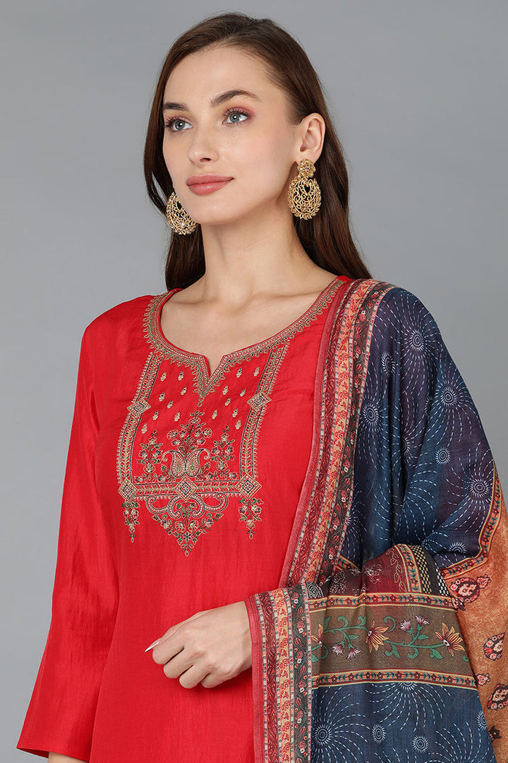 Silk Blend Red Embroidered Straight Kurta Pant With Dupatta | SHOBITAM