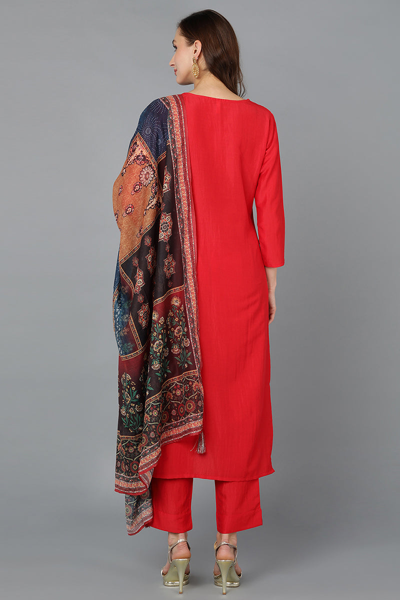 Silk Blend Red Embroidered Straight Kurta Pant With Dupatta | SHOBITAM