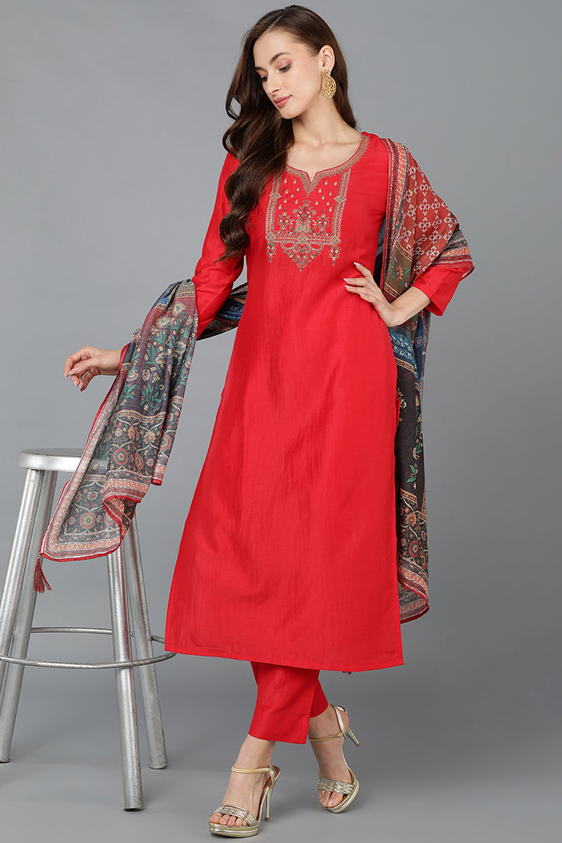 Silk Blend Red Embroidered Straight Kurta Pant With Dupatta | SHOBITAM